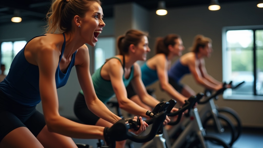 Multiple cyclists in spin class at different intensity levels, showing varied resistance dial positions and engaged expressions