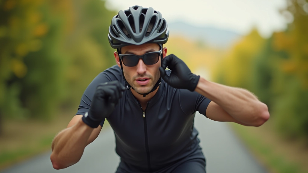 Close-up of a cyclist's hands adjusting their helmet before a ride, showing proper fit and focus