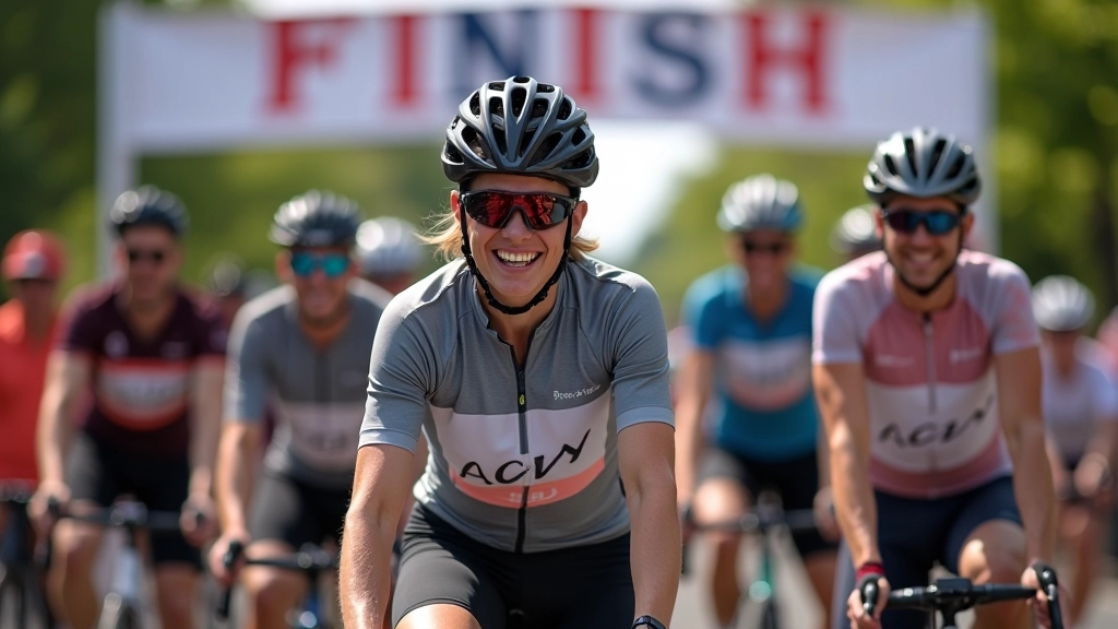 Cyclists crossing a finish line banner at a charity event, raising their hands in celebration with crowds cheering