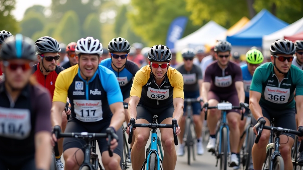 Group of cyclists gathered at a charity bike ride event, wearing colorful jerseys and holding bikes