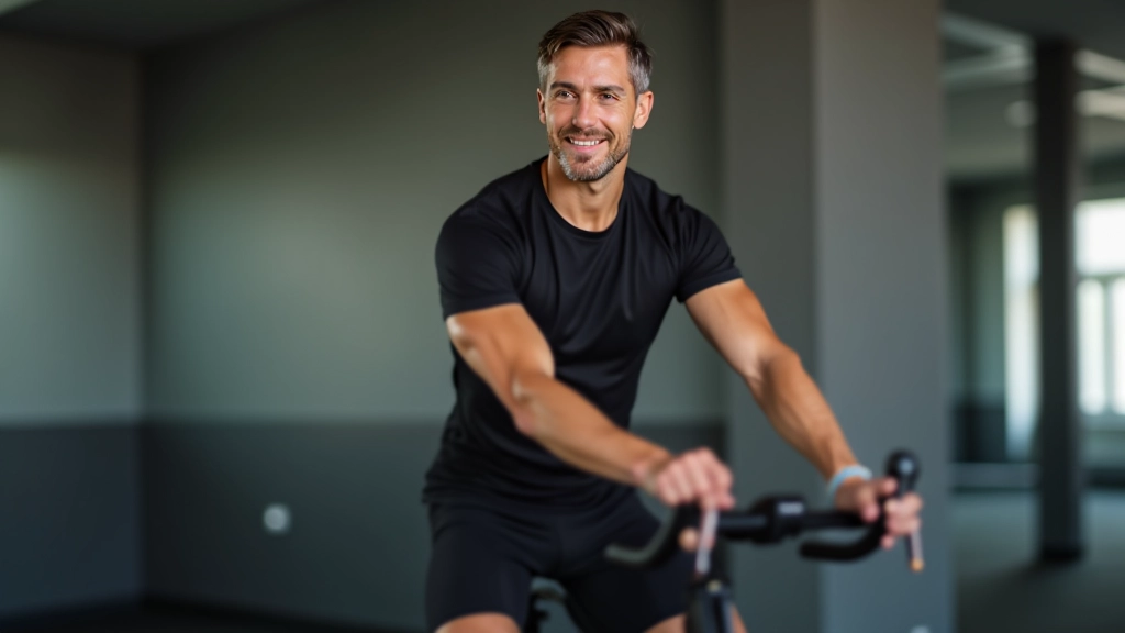 Fitness instructor leading spin class, demonstrating proper form on stationary bike with arms extended, showing engagement with riders