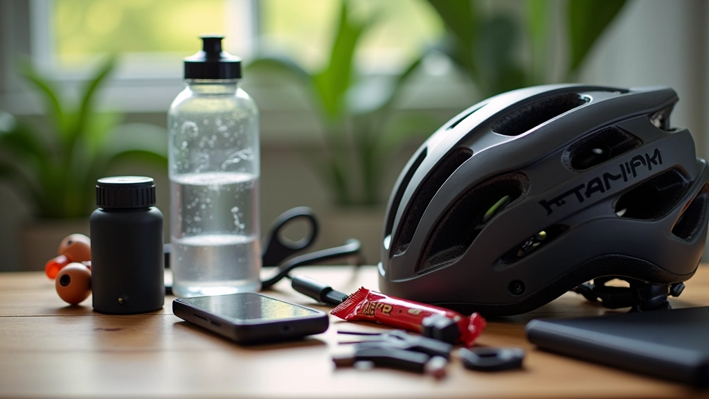 A cyclist's bike and gear laid out on a wooden table, showing helmet, water bottle, repair kit, and bike computer