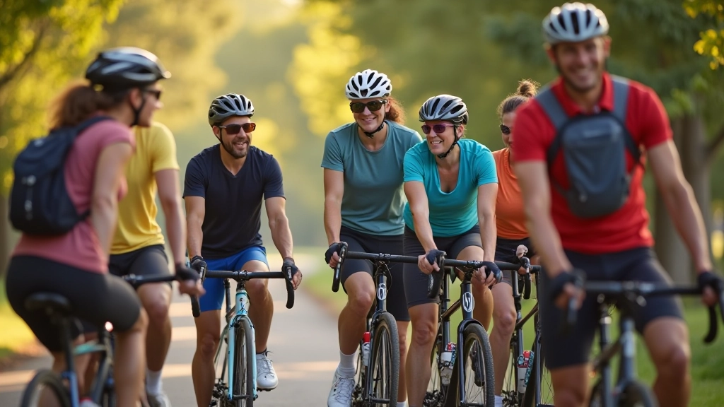 A diverse group of adult cyclists gathering at a morning meeting point in a parking lot, bikes lined up, people chatting and preparing gear