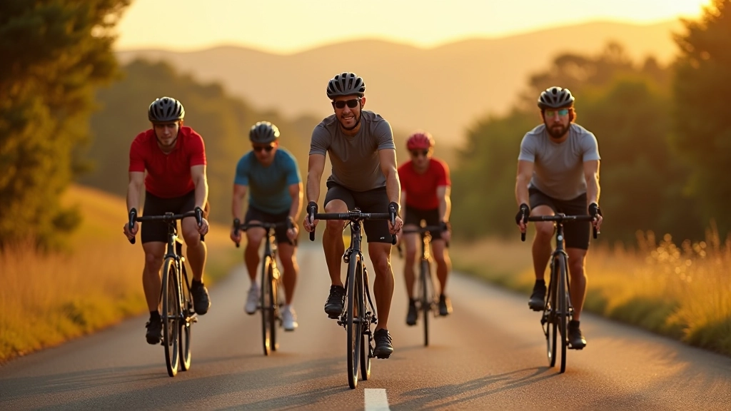 Group of adult cyclists riding on scenic route with rolling hills in background