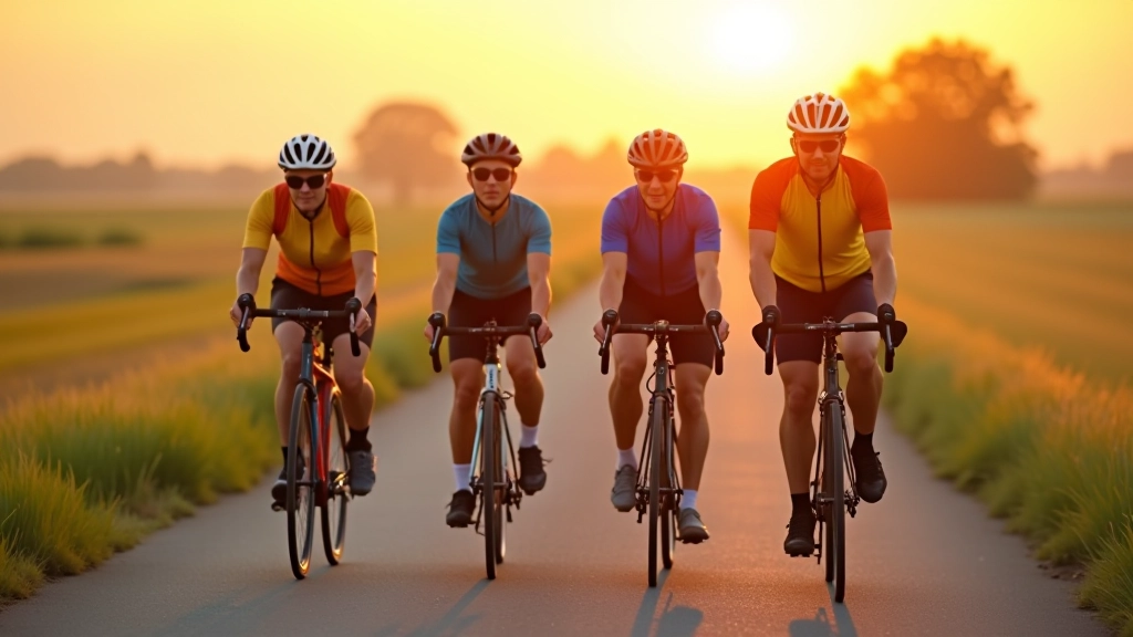 Group of mature cyclists in colorful gear riding on a scenic country road during golden hour