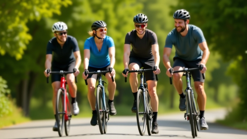 Cyclists riding together on a scenic road, smiling and engaged in conversation during a group ride
