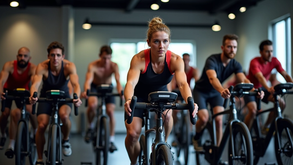 Indoor spinning class group in fitness studio
