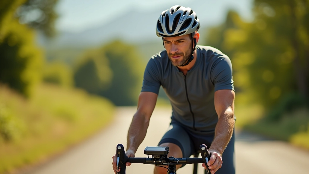 A cyclist checking their bike computer showing speed and distance metrics during a group ride on a sunny road
