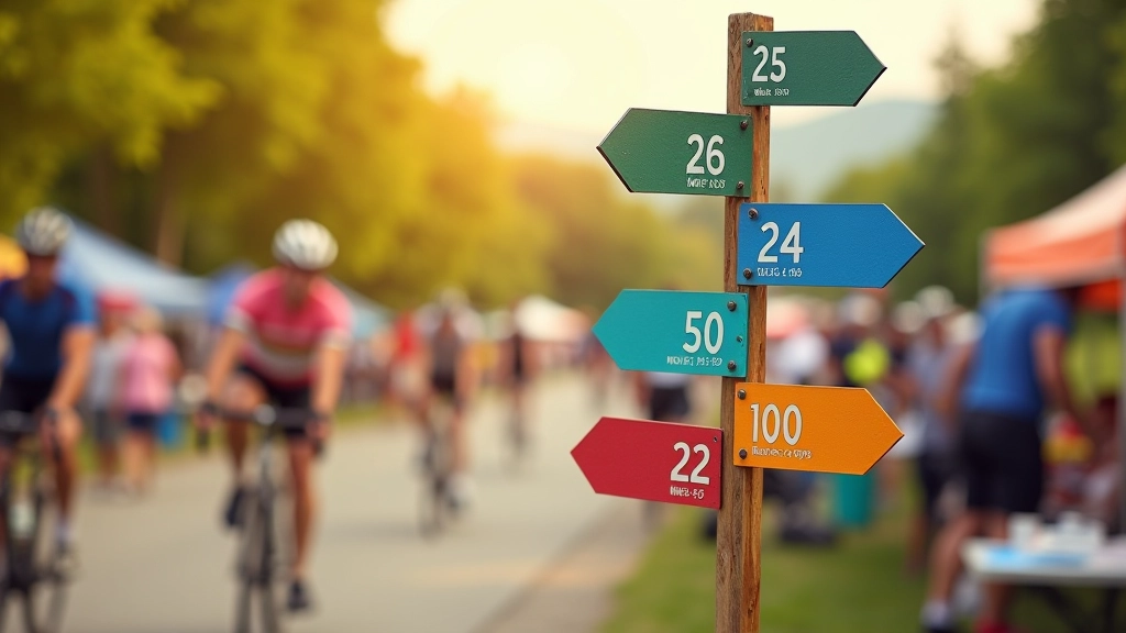 Colorful distance marker signs at the start of a charity ride showing 25-mile, 50-mile, and 100-mile route options