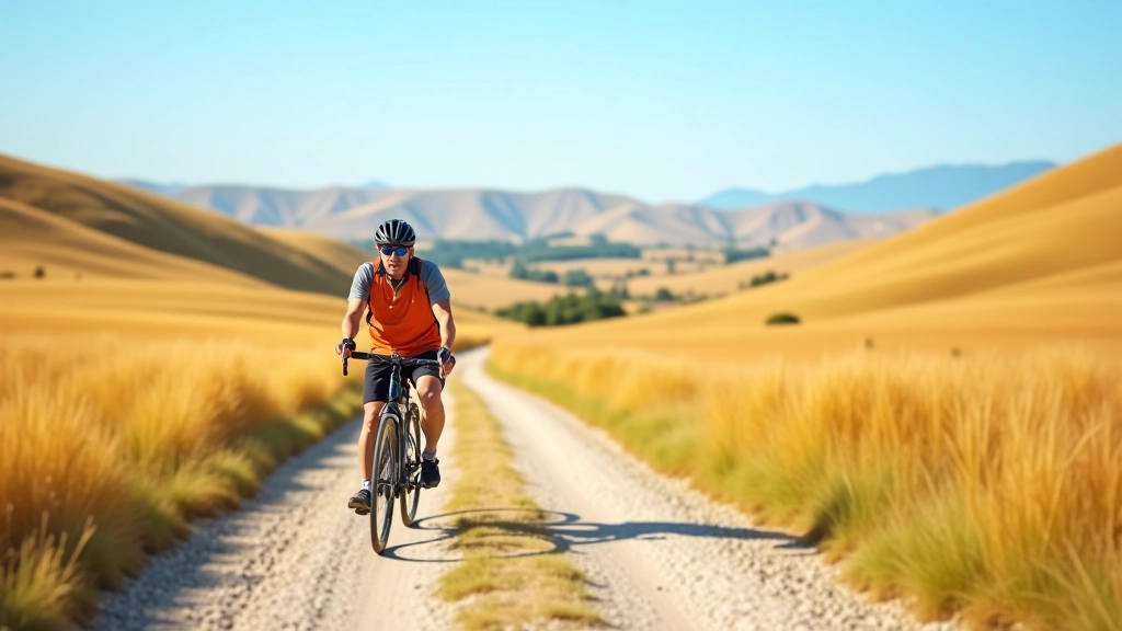 Scenic view of rolling gravel trail landscape with golden fields and distant hills under afternoon sky