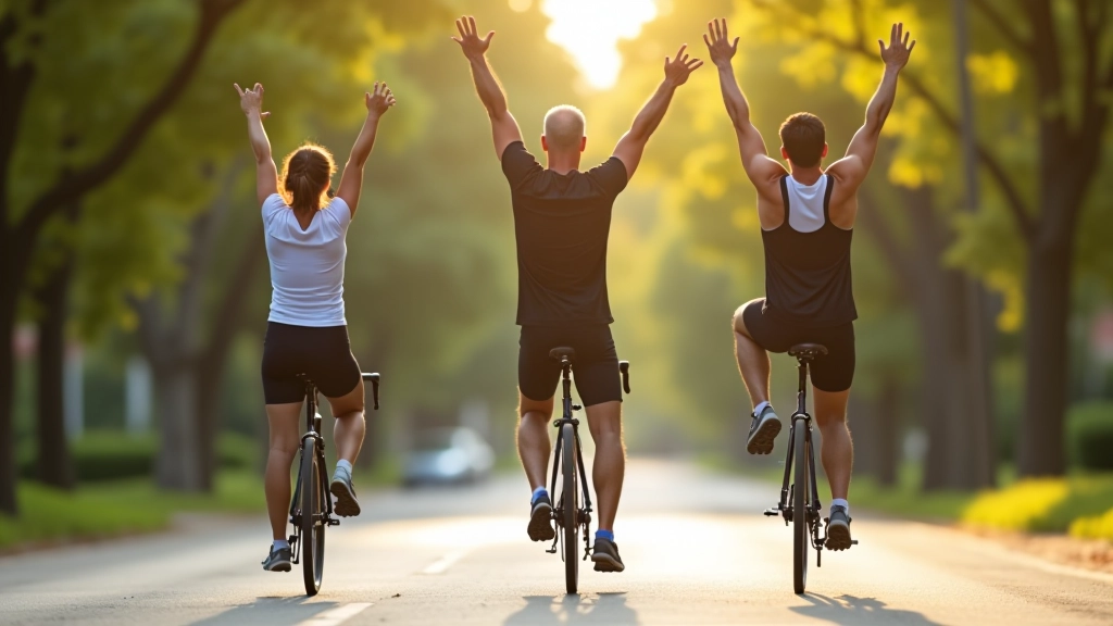 Three cyclists stretching their legs before a morning group ride on a quiet residential street
